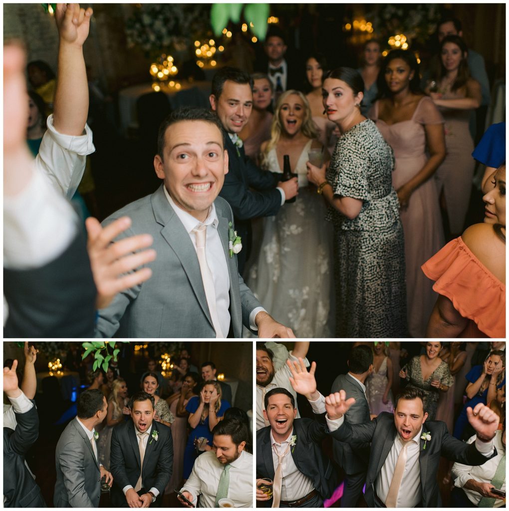 Candid reception wedding photography. Photographer being thrown in air.