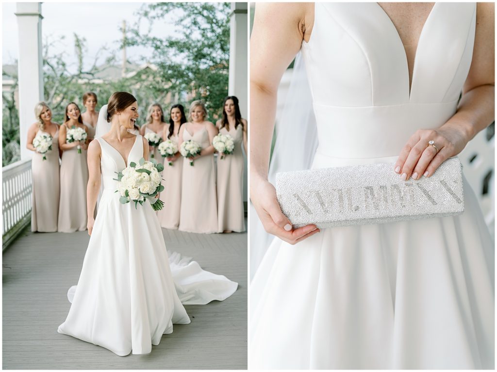 Miss Stella York Town and Country Bridesmaids first look and Roman numerals clutch purse 