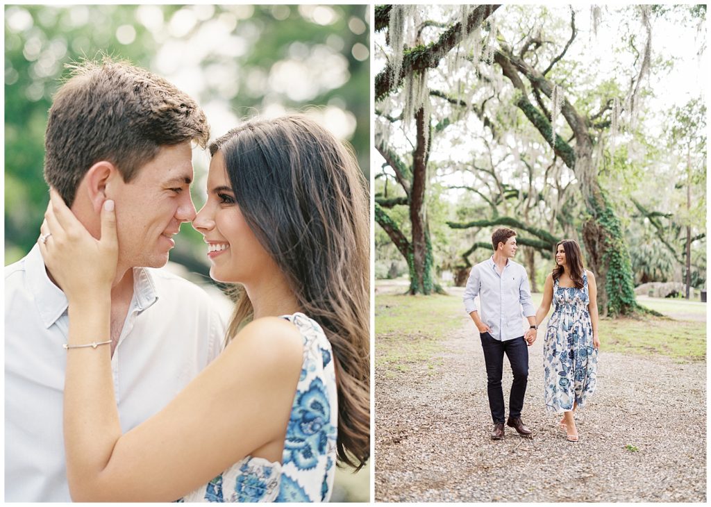 A couple wearing a white shirt and a blue dress take engagement pictures in City Park of New Orleans under the large live oak trees