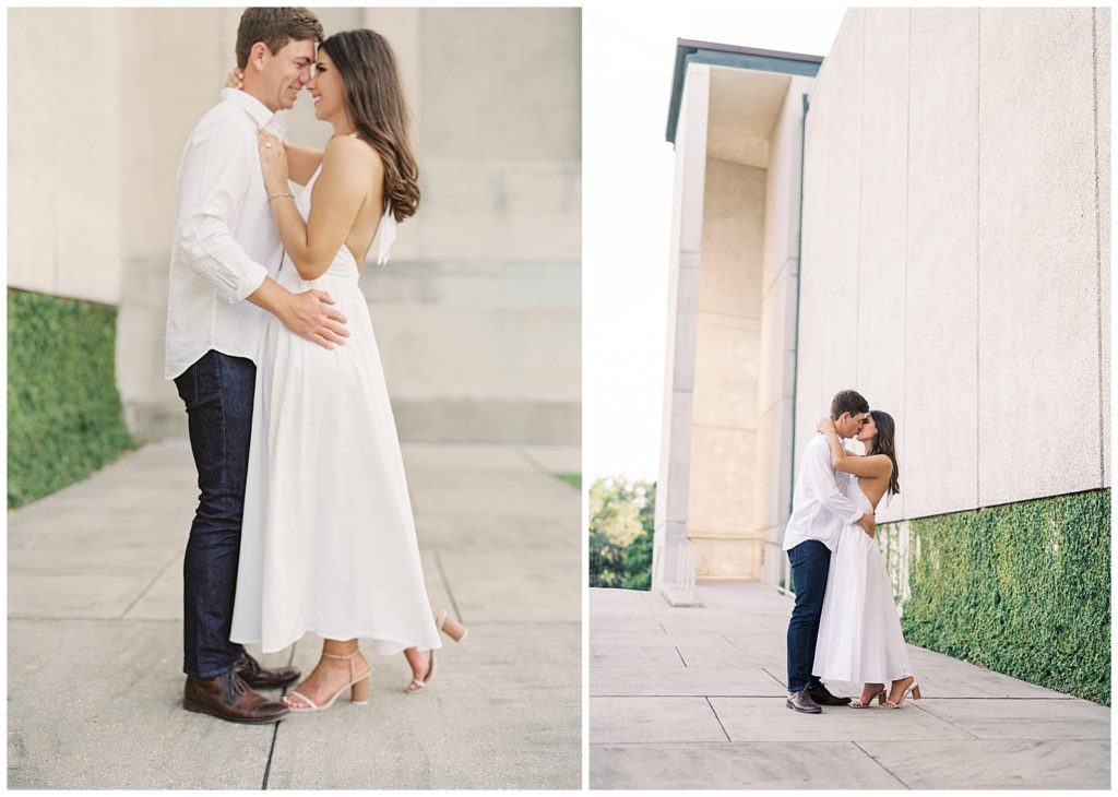Couple kissing outside of New Orleans Museum of Art wedding
