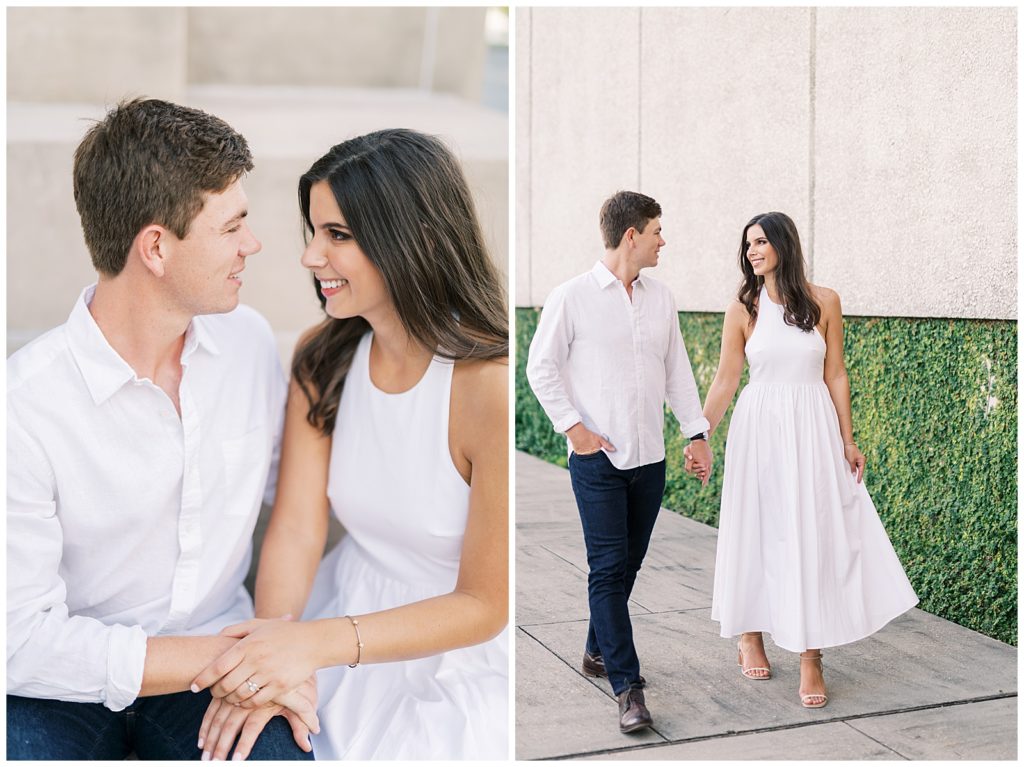 Couple walking outside of New Orleans Museum of Art wedding engagement pictures 