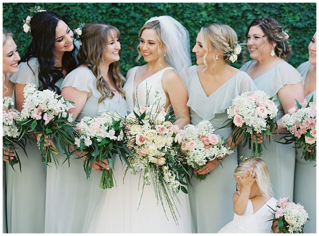 Bridesmaids Spring palette celadon green with blush and cream flowers New Orleans hotel provincial 