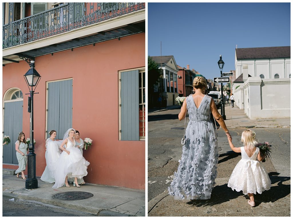 Bridesmaids Spring palette celadon green with blush and cream flowers New Orleans hotel provincial town and country