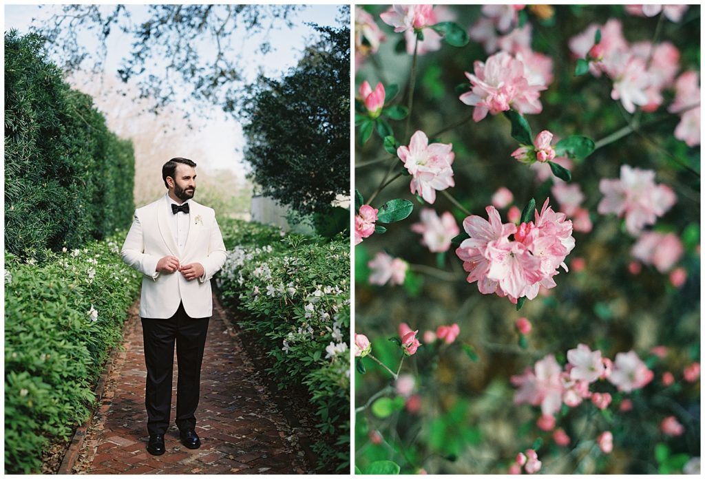 Longue Vue House and Gardens wedding peony photography white tux 
