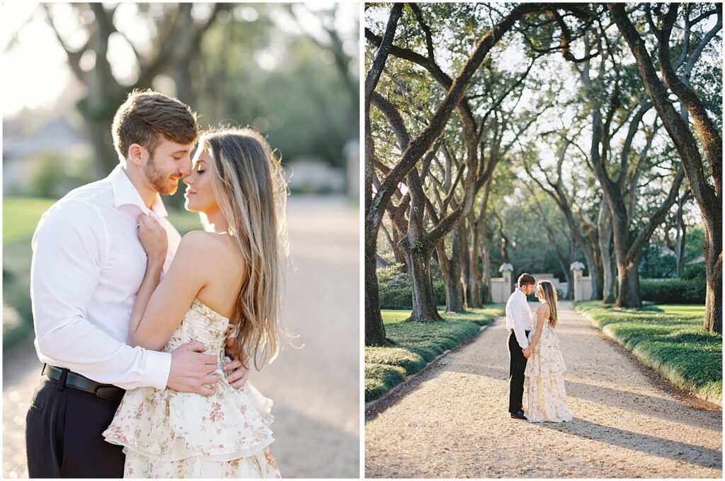 Sunlit couple hugs each other on the driveway of Longue Vue House and Gardens under the tall trees for their New Orleans Engagement Session