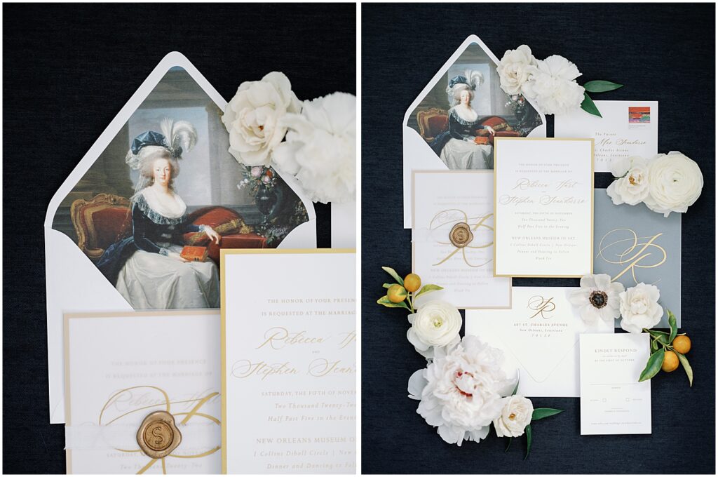 Paume Design Co and KKraftCo provided Invitation Suites for this New Orleans Museum of Art Wedding